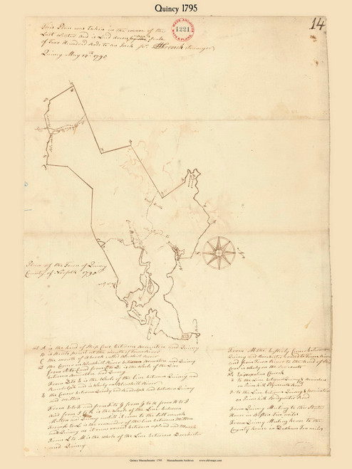 Quincy, Massachusetts 1795 Old Town Map Reprint - Roads Place Names  Massachusetts Archives