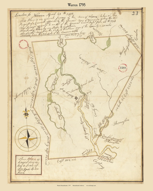 Warren, Massachusetts 1795 Old Town Map Reprint - Roads Place Names  Massachusetts Archives