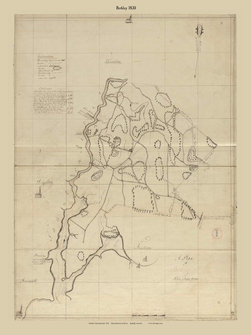 Berkley (Digitally Restored), Massachusetts 1830 Old Town Map Reprint - Roads Place Names Massachusetts Archives
