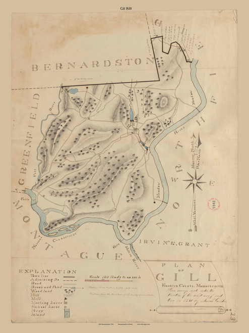 Gill, Massachusetts 1830 Old Town Map Reprint - Roads Place Names Massachusetts Archives