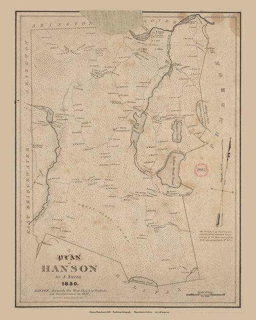 Hanson Lithograph, Massachusetts 1830 Old Town Map Reprint - Roads Homeowner Names Place Names Massachusetts Archives