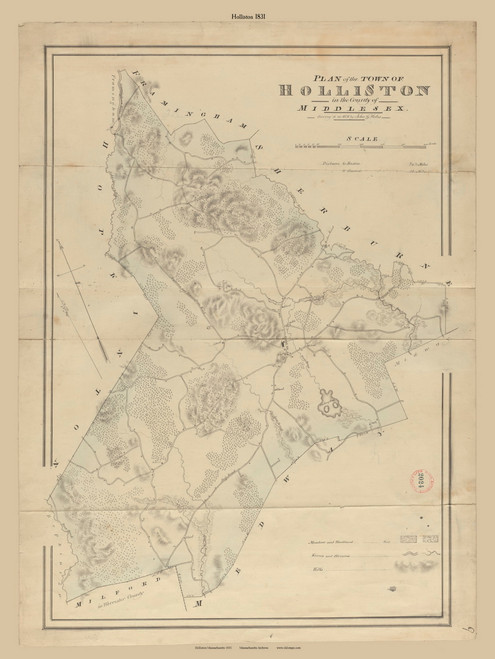 Holliston, Massachusetts 1831 Old Town Map Reprint - Roads Place Names Massachusetts Archives