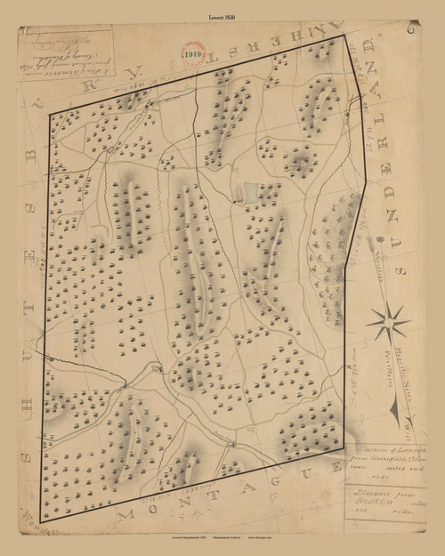 Leverett, Massachusetts 1830 Old Town Map Reprint - Roads Place Names Massachusetts Archives