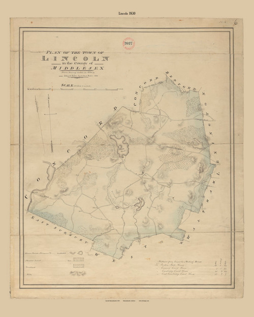 Lincoln, Massachusetts 1830 Old Town Map Reprint - Roads House Locations Place Names Massachusetts Archives