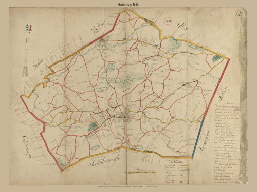 Marlborough (Digitally Restored), Massachusetts 1830 Old Town Map Reprint - Roads Homeowner Names Place Names Massachusetts Archives