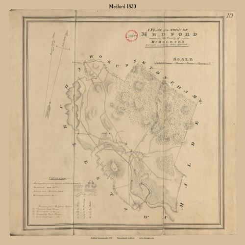 Medford, Massachusetts 1830 Old Town Map Reprint - Roads Place Names Massachusetts Archives