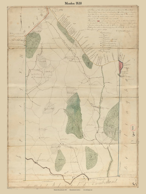 Mendon, Massachusetts 1830 Old Town Map Reprint - Roads Place Names  Massachusetts Archives