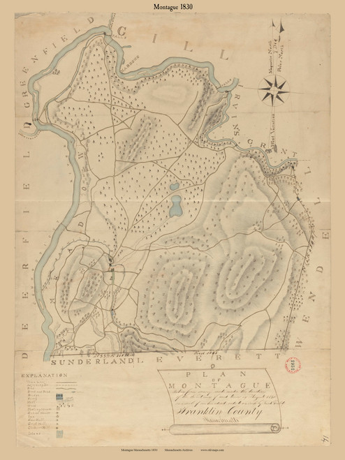 Montague, Massachusetts 1830 Old Town Map Reprint - Roads Place Names Massachusetts Archives