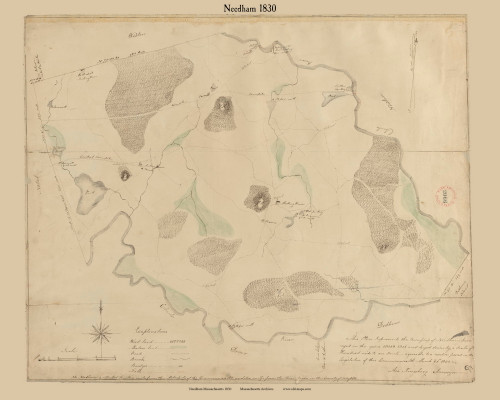 Needham, Massachusetts 1830 Old Town Map Reprint - Roads Place Names Massachusetts Archives