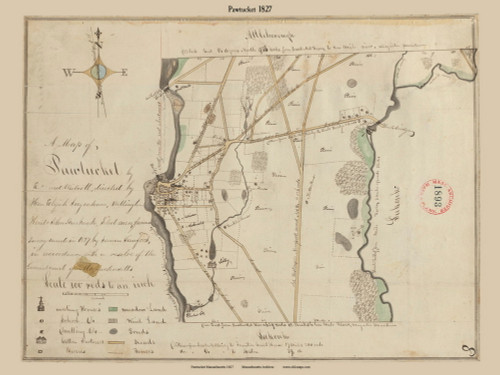 Pawtucket, Massachusetts 1827 Old Town Map Reprint - Roads Homeowner Names Place Names Massachusetts Archives