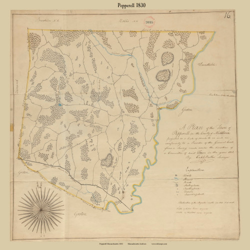 Pepperell, Massachusetts 1830 Old Town Map Reprint - Roads House Locations Place Names Massachusetts Archives