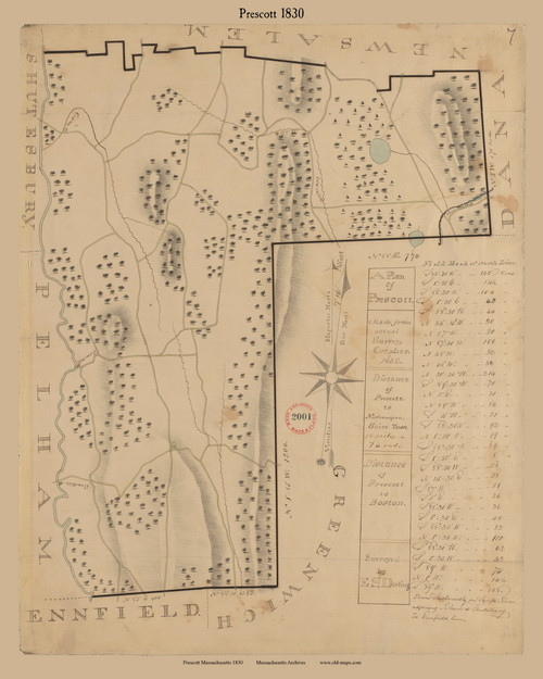 Prescott, Massachusetts 1830 Old Town Map Reprint - Roads Place Names Massachusetts Archives