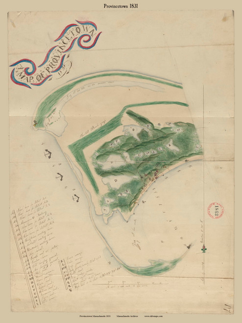 Provincetown, Massachusetts 1831 Old Town Map Reprint - Roads Place Names  Massachusetts Archives