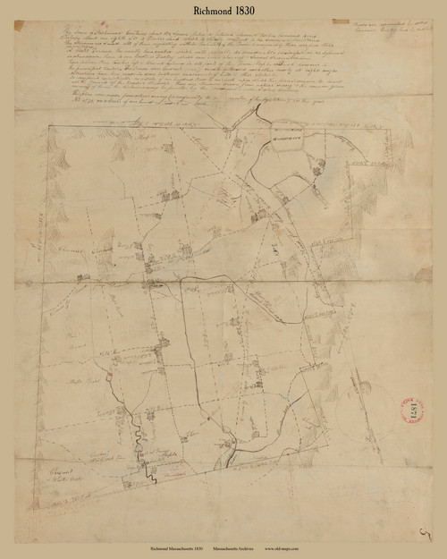 Richmond, Massachusetts 1830 Old Town Map Reprint - Roads House Locations Place Names  Massachusetts Archives
