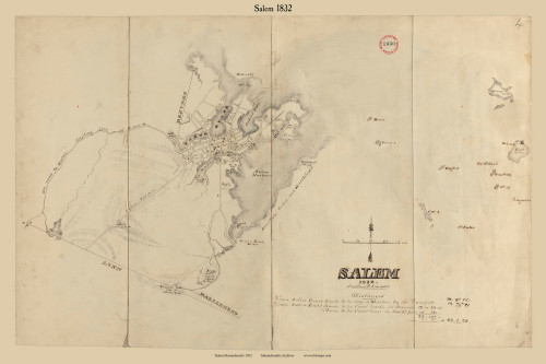 Salem, Massachusetts 1832 Old Town Map Reprint - Roads Place Names Massachusetts Archives
