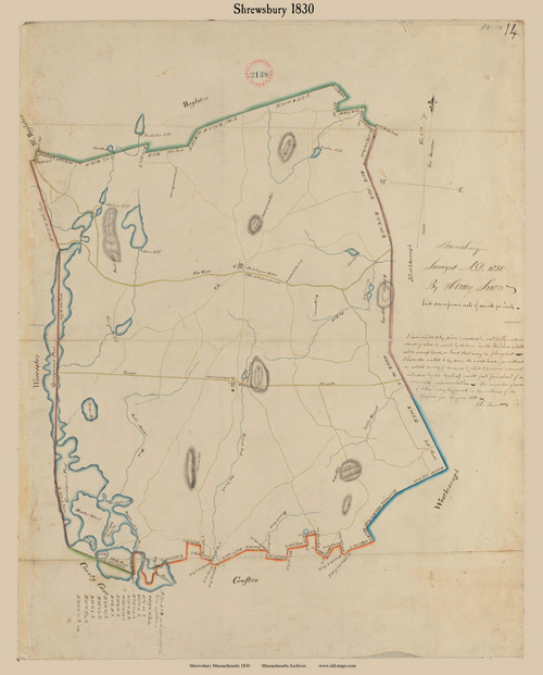 Shrewsbury, Massachusetts 1830 Old Town Map Reprint - Roads Place Names Massachusetts Archives