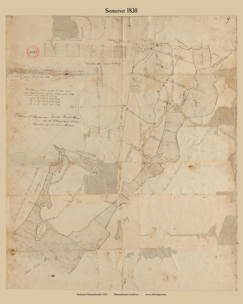 Somerset, Massachusetts 1830 Old Town Map Reprint - Roads Place Names Massachusetts Archives