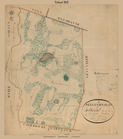 Tolland, Massachusetts 1831 Old Town Map Reprint - Roads Place Names Massachusetts Archives