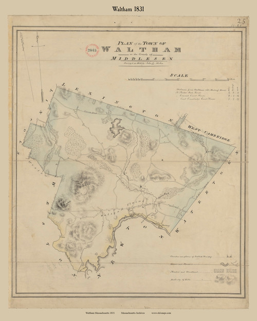 Waltham, Massachusetts 1831 Old Town Map Reprint - Roads House Locations Place Names Massachusetts Archives