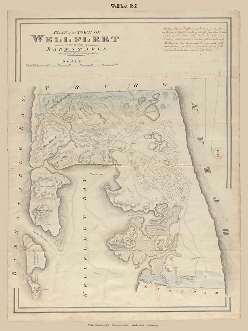 Wellfleet (Digitally Restored), Massachusetts 1831 Old Town Map Reprint - Roads House Locations Place Names Massachusetts Archives
