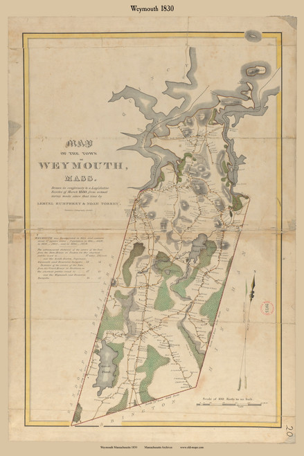 Weymouth, Massachusetts 1830 Old Town Map Reprint - Roads Homeowner Names Place Names Massachusetts Archives 2075