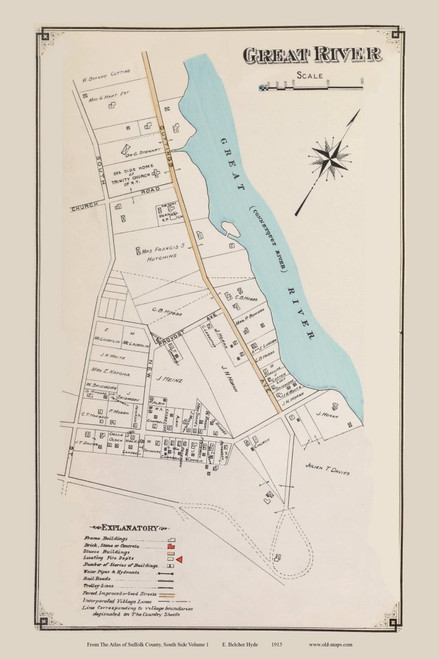 Great River Custom, New York 1915 Old Map Reprint - Suffolk Co. Atlas South Vol. 1 - 36