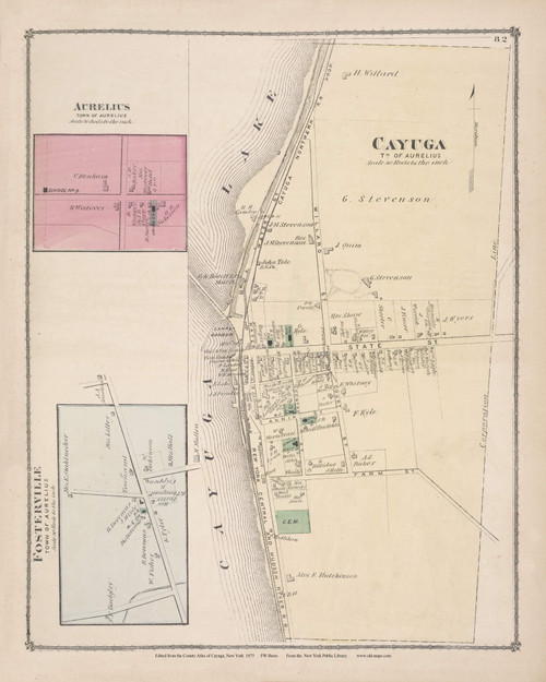 Aurelius Cayuga Village Fosterville Cayuga Lake, New York 1875 - Old Town Map Reprint - Cayuga Co. Atlas 82