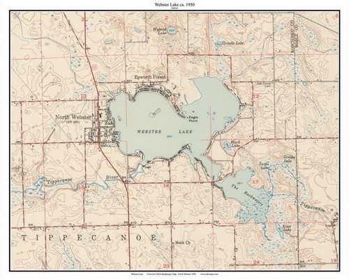 Webster Lake 1950 - Custom USGS Old Topo Map - Indiana