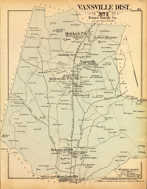 Vansville District No. 1 - Muirkirk, Beltsville, Branchville, Sunnyside Station, etc., Maryland 1879 Old Map Reprint - Prince George Co. (Montgomery MD Atlas)