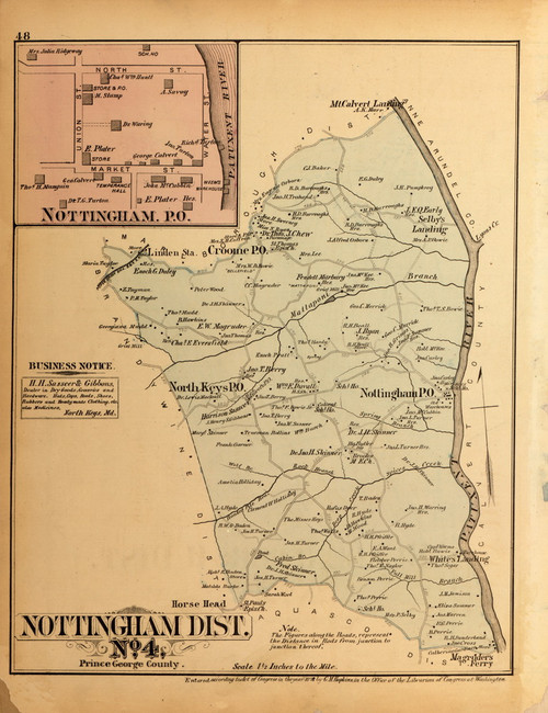 Nottingham District No. 4 - Nottingham Village (inset), North Keys, Whites Landing, Horse Head, etc., Maryland 1879 Old Map Reprint - Prince George Co. (Montgomery MD Atlas)