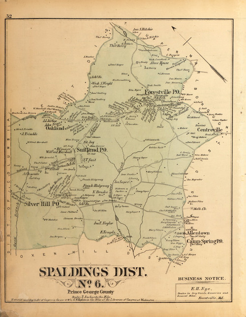 Spaldings District No. 6 - Silver Hill, Suitland, Oakland, Forestville, etc., Maryland 1879 Old Map Reprint - Prince George Co. (Montgomery MD Atlas)