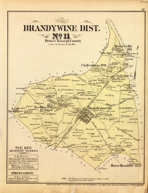 Brandywine District No. 11 - Cheltenham, Tee Bee, Brandywine, Rosaryville, etc., Maryland 1879 Old Map Reprint - Prince George Co. (Montgomery MD Atlas)