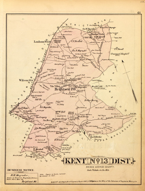 Kent District No. 13 - Brightseat, Suitsville, Buena Vista, Wilson Station, etc., Maryland 1879 Old Map Reprint - Prince George Co. (Montgomery MD Atlas)
