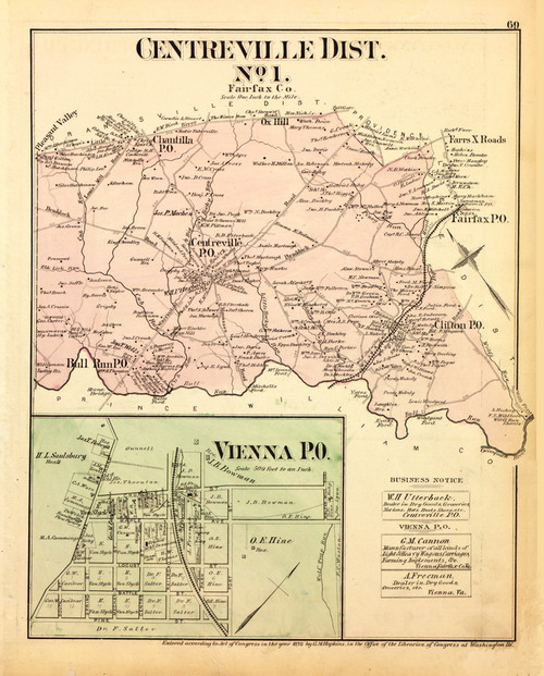 Centreville District No. 1 - Vienna (inset), Bull Run, Chantilla, Clifton, etc., Virginia 1879 Old Map Reprint - Fairfax Co. (Montgomery MD Atlas)