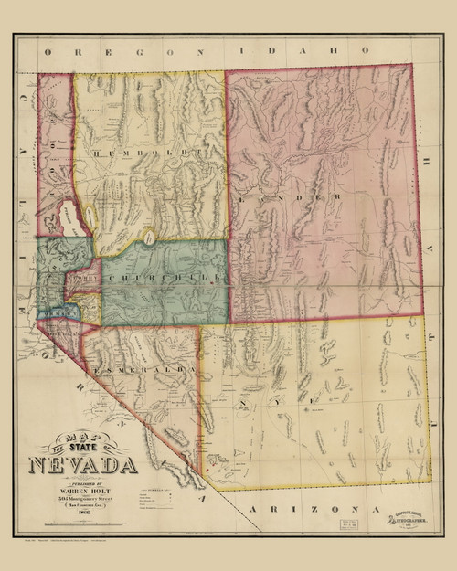 Nevada 1866 Holt - Old State Map Reprint