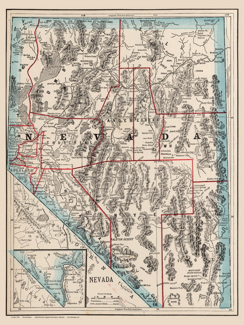 Nevada 1893 Wood - Old State Map Reprint