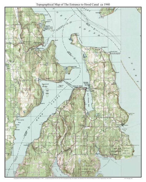 Hood Canal Entrance 1940 - Custom USGS Old Topo Map - Washington State 15x15