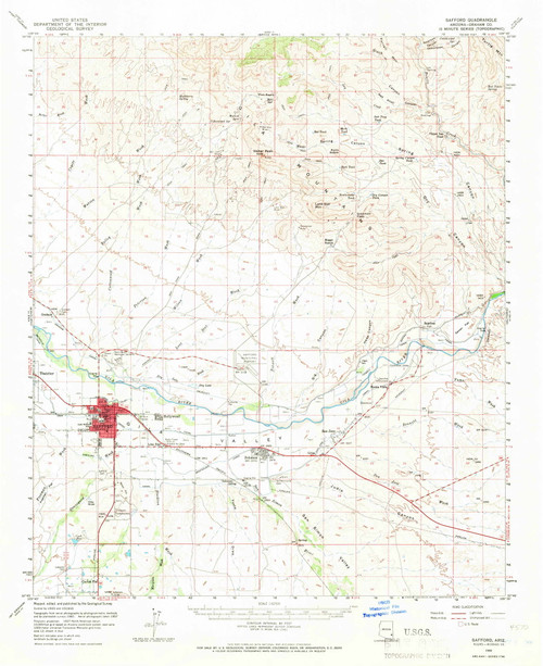 Safford, Arizona 1960 (1966) USGS Old Topo Map Reprint 15x15 AZ Quad 314985