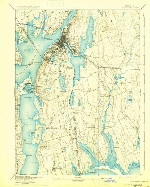 Fall River, Massachusetts 1893 (1930) USGS Old Topo Map Reprint 15x15 MA Quad 352626