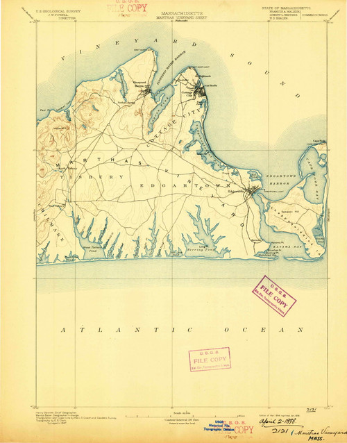 Marthas Vineyard, Massachusetts 1894 (1898) USGS Old Topo Map Reprint 15x15 MA Quad 352836