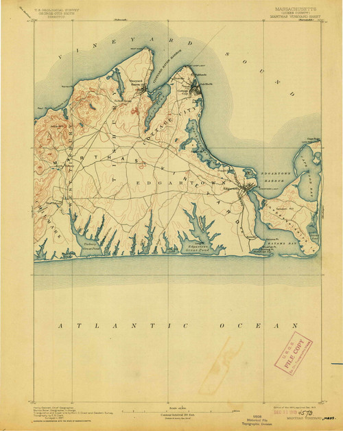 Marthas Vineyard, Massachusetts 1894 (1913) USGS Old Topo Map Reprint 15x15 MA Quad 352840