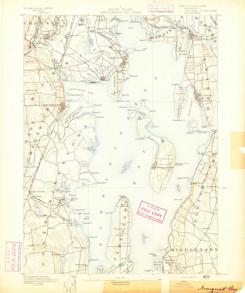 Narrangansett Bay, Rhode Island 1890 (1890) USGS Old Topo Map Reprint 15x15 MA Quad 353502