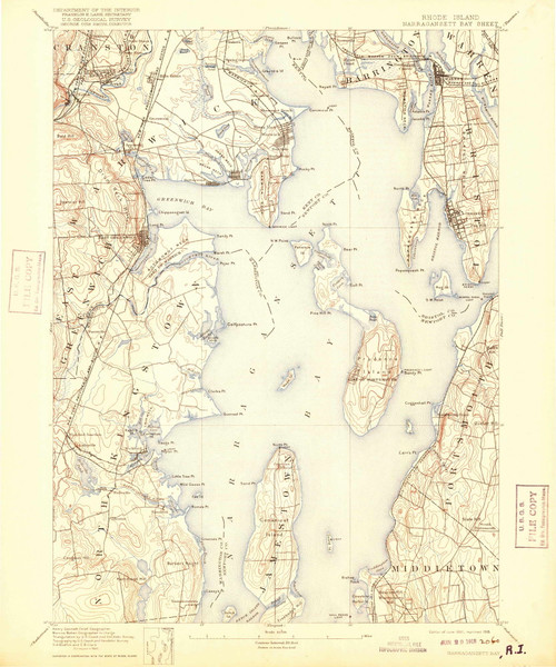 Narrangansett Bay, Rhode Island 1892 (1918) USGS Old Topo Map Reprint 15x15 MA Quad 353507