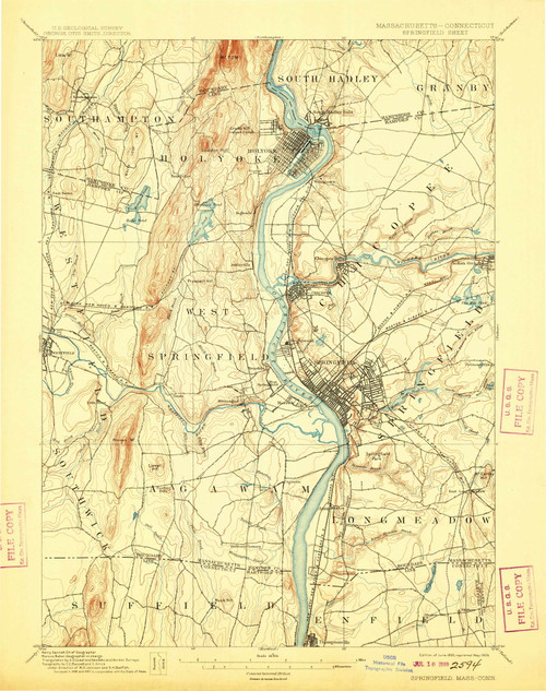 Springfield, Massachusetts 1895 (1909) USGS Old Topo Map Reprint 15x15 MA Quad 353039