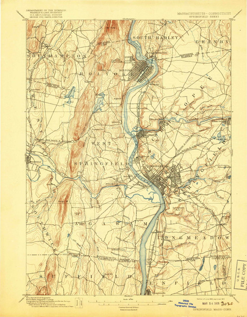 Springfield, Massachusetts 1895 (1917) USGS Old Topo Map Reprint 15x15 MA Quad 353043