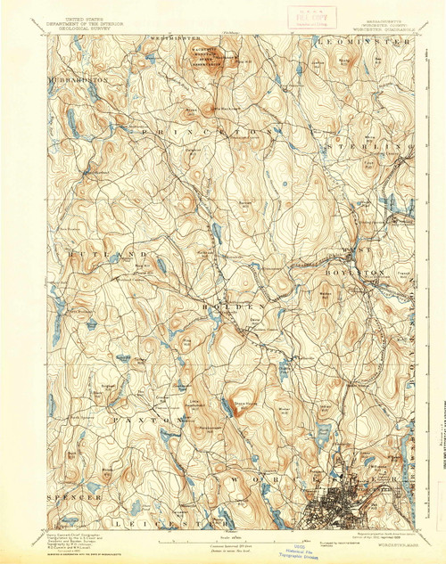 Worcester, Massachusetts 1892 (1939) USGS Old Topo Map Reprint 15x15 MA Quad 353141