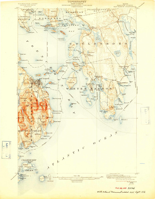 Bar Harbor, Maine 1904 (1909) USGS Old Topo Map Reprint 15x15 ME Quad 460147