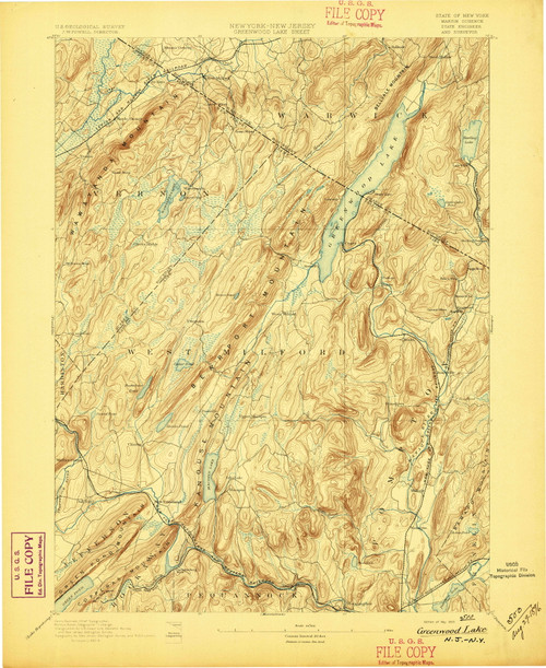 Greenwood Lake, New Jersey May 1893 USGS Old Topo Map 15x15 NJ Quad