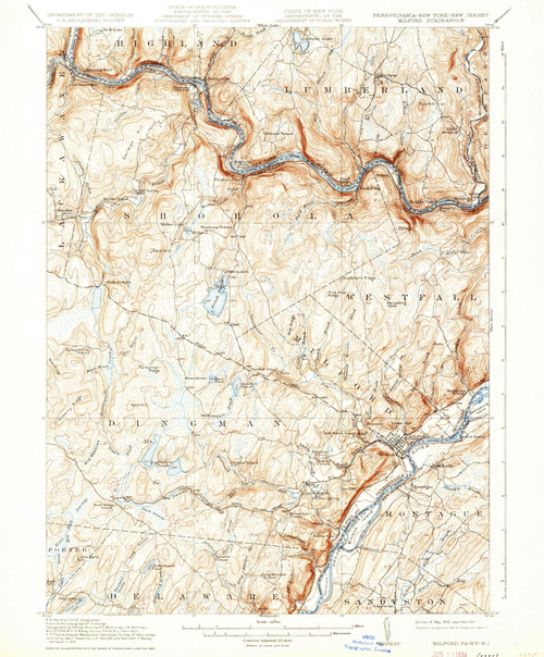 Milford, New Jersey 1915 (1934) USGS Old Topo Map 15x15 NJ Quad