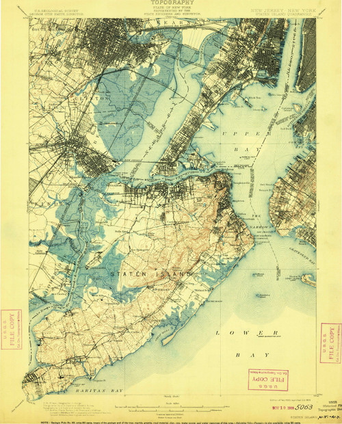 Staten Island, New Jersey 1900 (1909) USGS Old Topo Map 15x15 NJ Quad